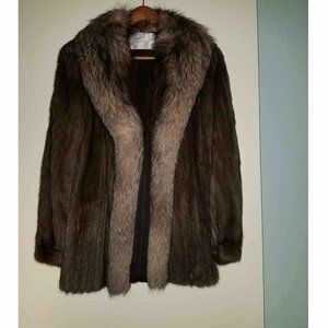 MINK Jacket, brown with grey Fox Shawl Collar.  Size 10